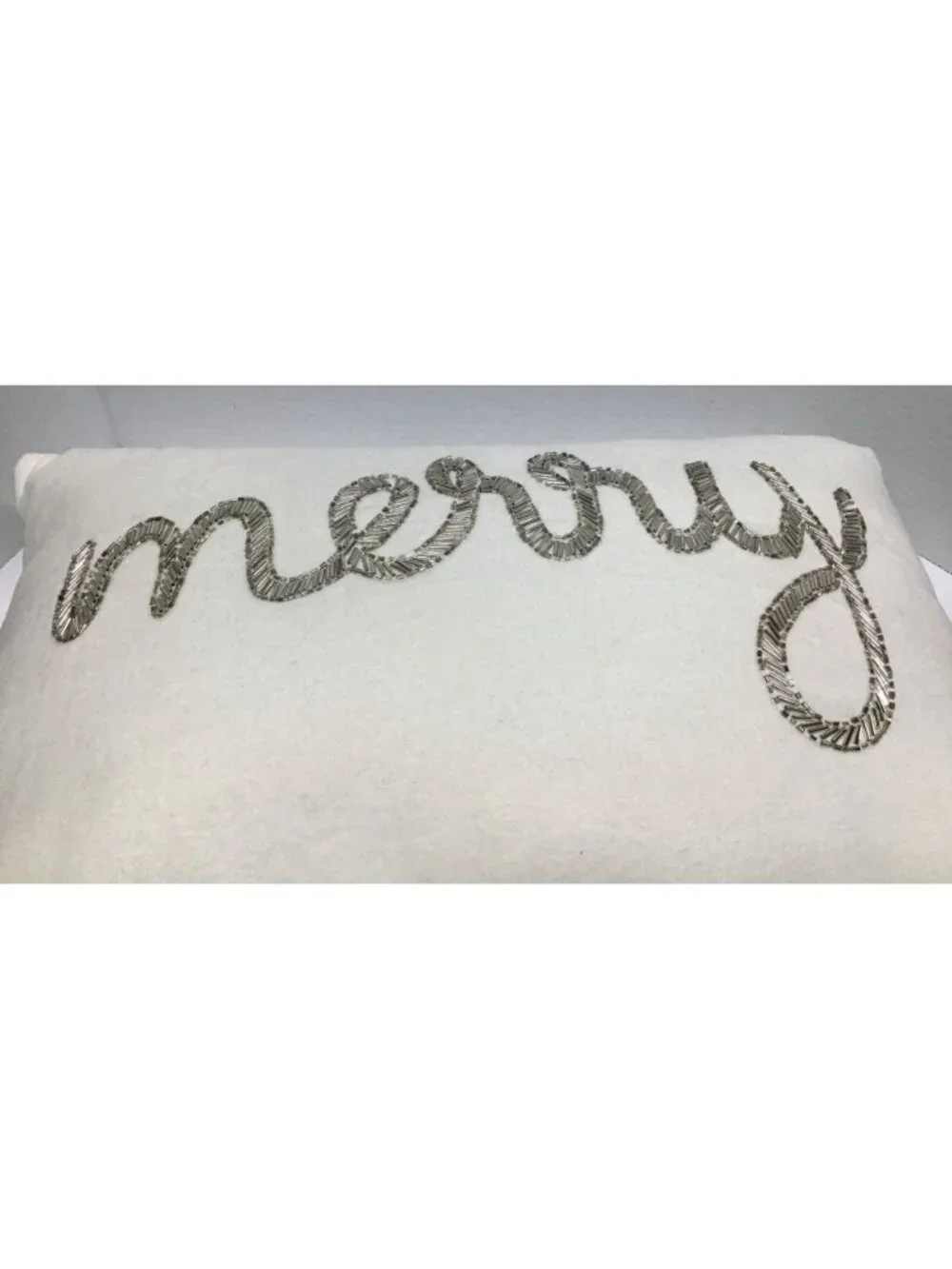 Christmas Silver Beaded Merry Design White Cotton Throw Pillow Devi Designs